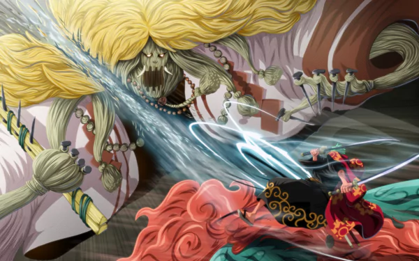 HD anime wallpaper featuring Basil Hawkins and Roronoa Zoro from One Piece in an intense battle scene with dynamic energy effects and vivid colors.