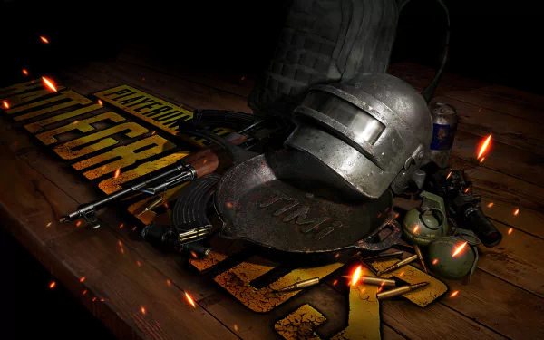 HD desktop wallpaper of PlayerUnknown's Battlegrounds, featuring a helmet, frying pan, rifle, and grenades on a wooden surface with sparks flying around.