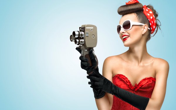 Women Model Pin-Up Retro Sunglasses Camera Lipstick Smile HD Wallpaper | Background Image
