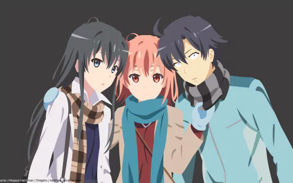 Minimalist 4K Ultra HD anime wallpaper featuring Yukino Yukinoshita, Yui Yuigahama, and Hachiman Hikigaya from My Teen Romantic Comedy SNAFU.