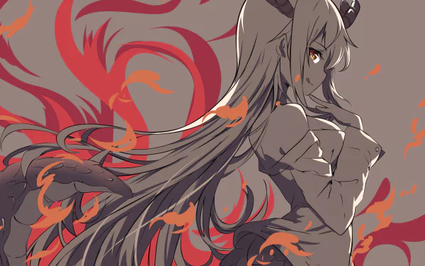 HD desktop wallpaper of Tohru from the anime Miss Kobayashi's Dragon Maid, featuring an artistic depiction of Tohru with long flowing hair, dragon horns, and a background with dynamic red and orange flames.