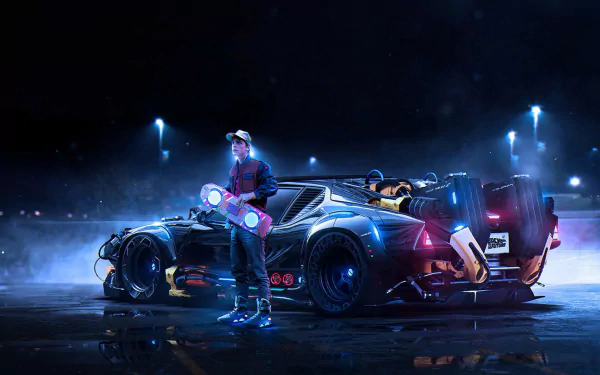 HD desktop wallpaper featuring Marty McFly with a hoverboard and the DeLorean from the movie Back To The Future, set against a nighttime backdrop.