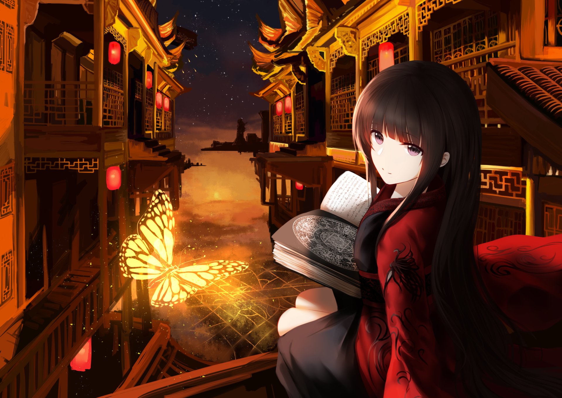 Anime-style 4K wallpaper of a long-haired girl with brown eyes holding a book, illuminated by a glowing butterfly lantern in a warm, ornate nighttime setting.