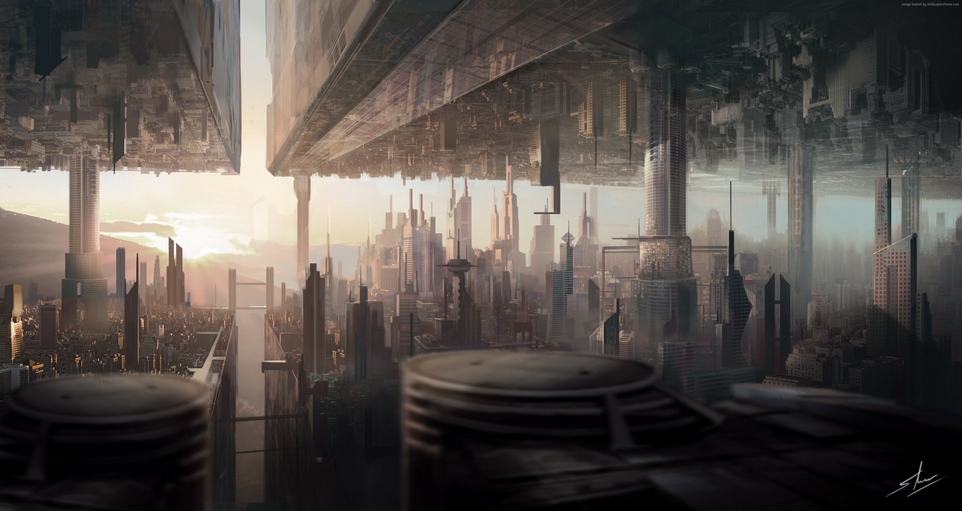 A stunning futuristic sci-fi cityscape featuring towering skyscrapers and innovative architecture, creating a captivating visual for a high-definition desktop wallpaper.