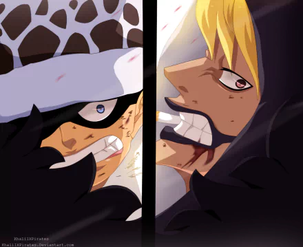 HD anime desktop wallpaper featuring Trafalgar Law and Donquixote Rosinante (Corazon) from One Piece, showcasing intense, close-up character expressions.
