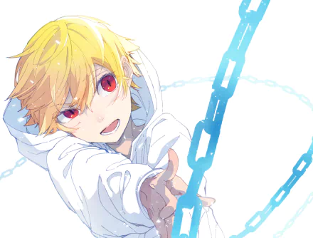 HD anime wallpaper featuring Gilgamesh from Fate/kaleid liner Prisma Illya with bright red eyes, blonde hair, and a glowing blue chain against a white background.