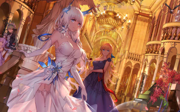 A stunning HD desktop wallpaper featuring North Carolina, Ping Hai, Ning Hai, Enterprise, Akashi, Unicorn, and Illustrious from Azur Lane in an elegant ballroom setting.