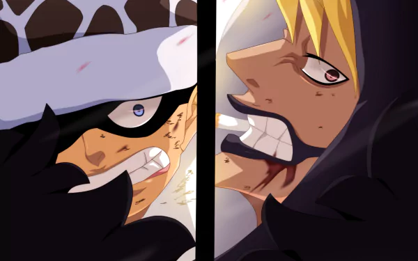 HD anime desktop wallpaper featuring Trafalgar Law and Donquixote Rosinante (Corazon) from One Piece, showcasing intense, close-up character expressions.