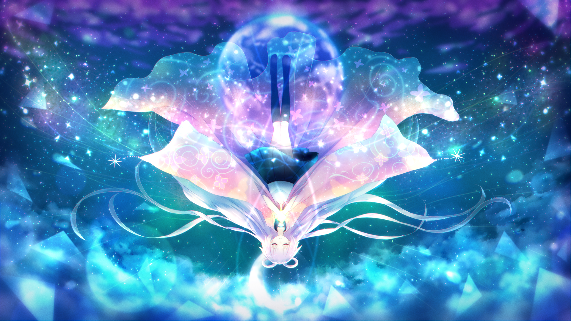 A serene anime character with white long hair in a flowing kimono, surrounded by stars and a mystical blue background, creates a captivating HD desktop wallpaper.