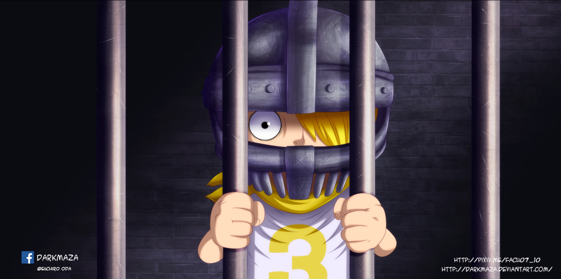 HD anime wallpaper featuring Sanji from One Piece wearing a helmet and holding prison bars, set against a dimly lit background, designed for PC desktop use.