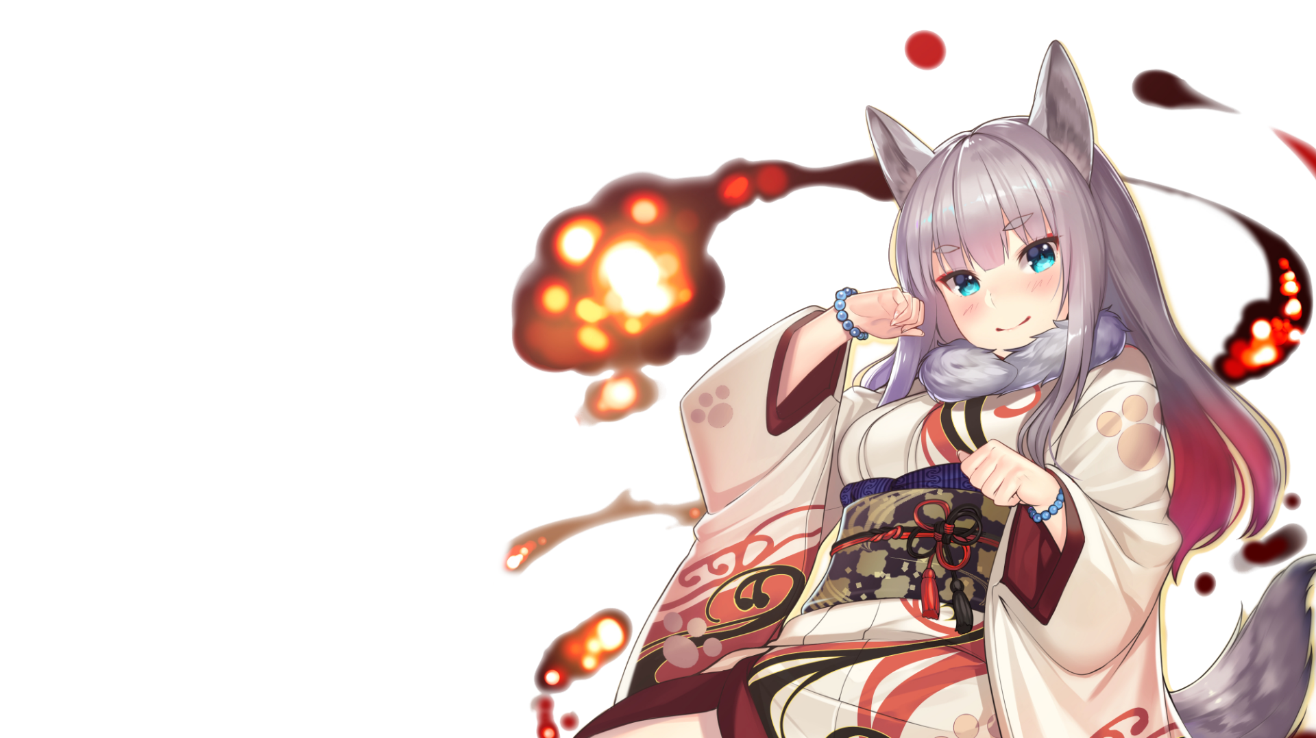 HD anime-style original artwork of a silver-haired girl with fox ears in traditional attire, set against a white background with fiery orange accents, designed as a PC desktop wallpaper.