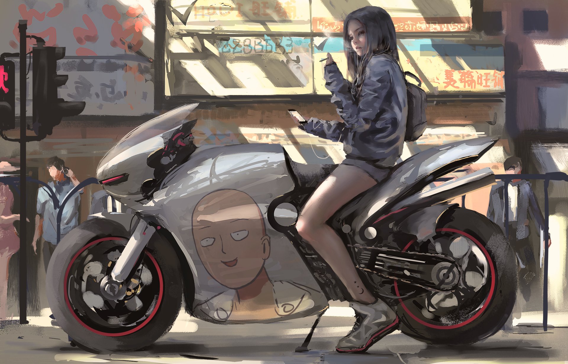 HD desktop wallpaper featuring a crossover with a character resembling Saitama from One-Punch Man as part of a motorcycle design, set in a vibrant street scene.