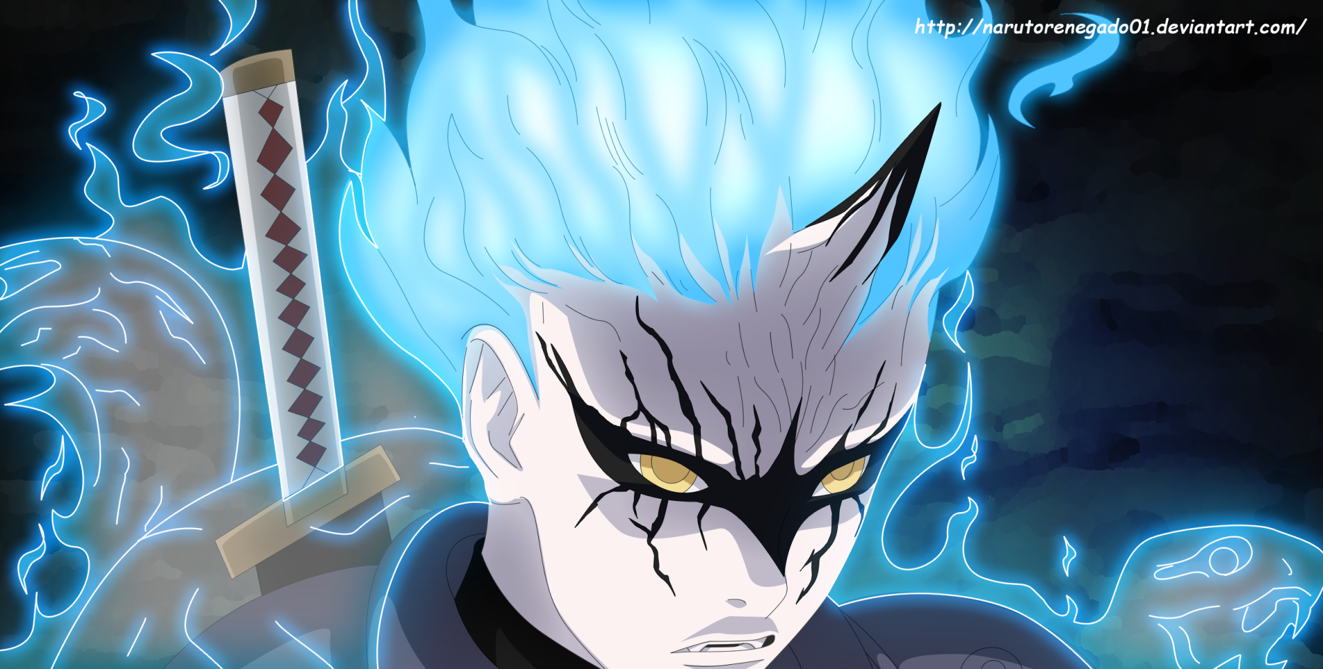 HD PC wallpaper: Mitsuki (Naruto/Boruto) anime close-up with blue chakra aura, glowing yellow eyes, black facial markings and a katana on his back.