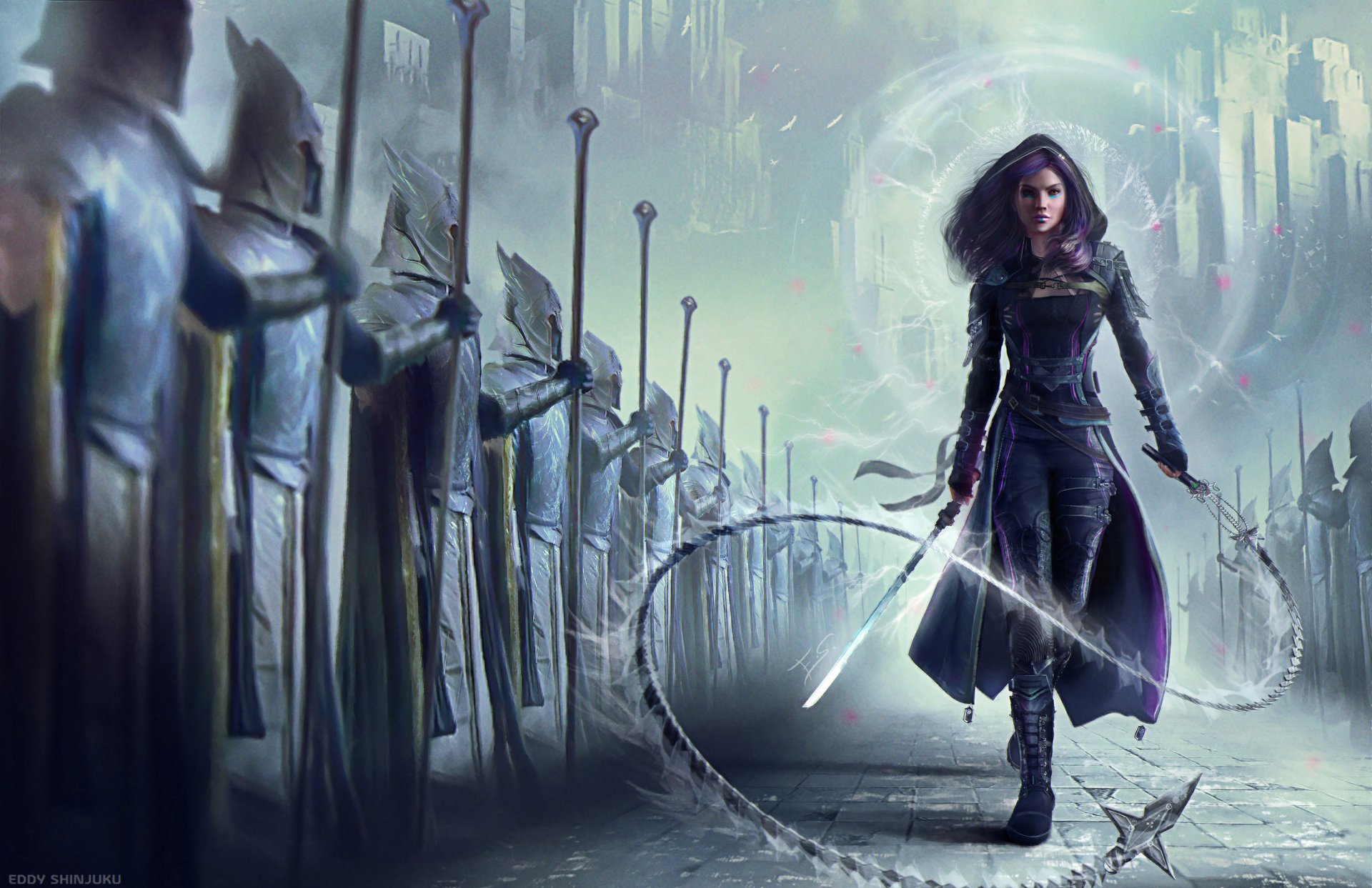 A fantasy warrior woman in dark armor wields a glowing sword and whip, standing defiantly among armored knights in a misty, ethereal battlefield.