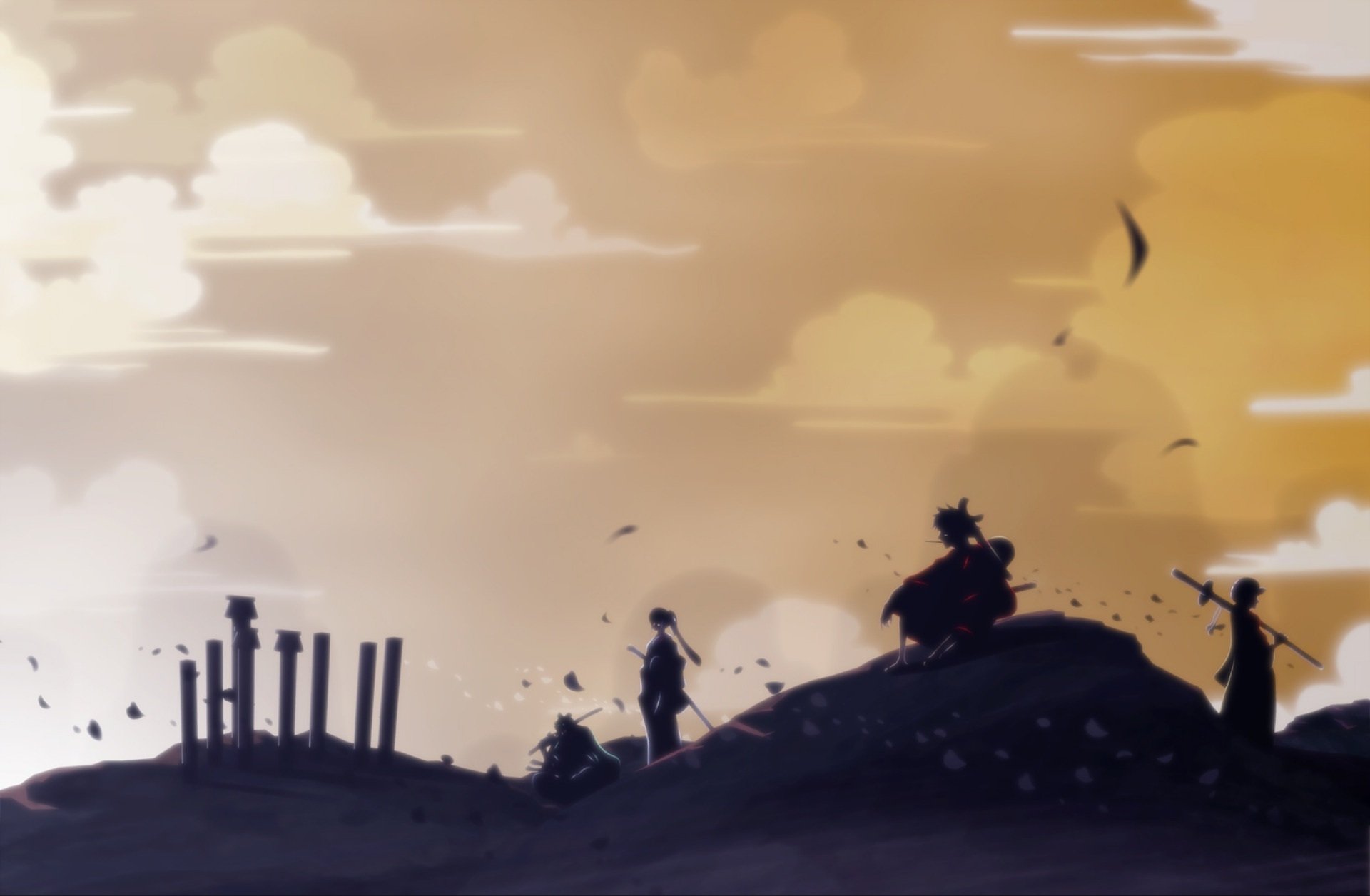 Silhouetted One Piece HD PC desktop wallpaper: Monkey D. Luffy, Roronoa Zoro, Trafalgar Law and Kiku atop a hill at sunset in anime style.
