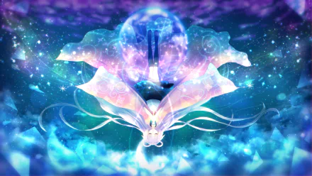 A serene anime character with white long hair in a flowing kimono, surrounded by stars and a mystical blue background, creates a captivating HD desktop wallpaper.