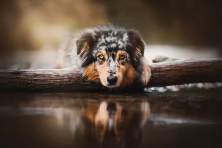 HD desktop wallpaper of an Australian Shepherd dog resting on a log, its reflection visible in the calm water below, set against a softly blurred natural background.