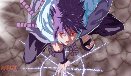 HD PC desktop wallpaper featuring Sasuke Uchiha from the anime Naruto, depicted in a dynamic pose with glowing symbols on the ground.
