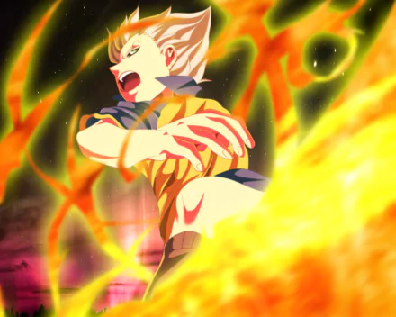 HD PC desktop wallpaper/background of Gouenji Shuuya from Inazuma Eleven — anime action shot of him shouting as flames and glowing energy swirl around him.
