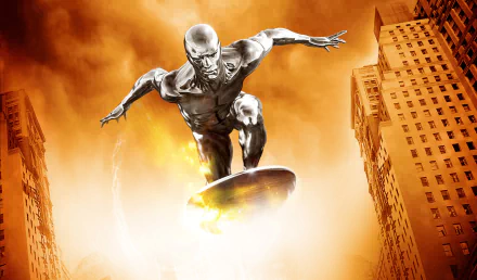HD PC desktop wallpaper and background of the Silver Surfer from the movie Fantastic 4: Rise of the Silver Surfer, metallic hero on his board soaring through an orange sky between city skyscrapers
