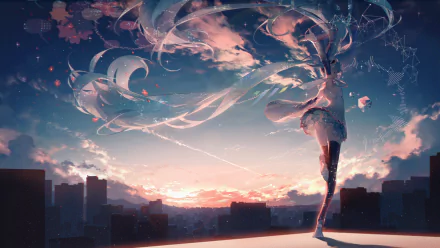 HD wallpaper featuring Hatsune Miku from Vocaloid anime, depicted with swirling light ribbons against a cityscape at sunset.