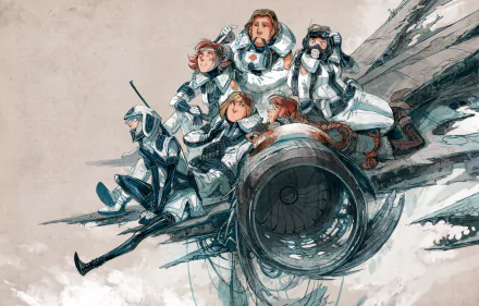 HD desktop wallpaper of Stand Still, Stay Silent characters Tuuri Hotakainen, Siv and Emil Västerström, Lalli Hotakainen, Sigrun Eide and Reynir Árnason perched on an aircraft engine.