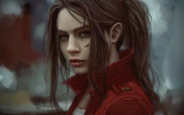 HD desktop wallpaper of Claire Redfield from Resident Evil 2 (2019), featuring a detailed portrayal in a red jacket against a blurred background.