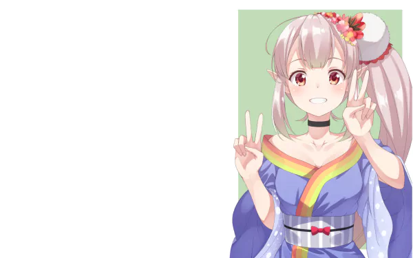 Nijisanji anime Virtual YouTuber HD PC desktop wallpaper: pastel‑haired twin‑tail Vtuber in a colorful kimono sash flashing peace signs on a pale green background.