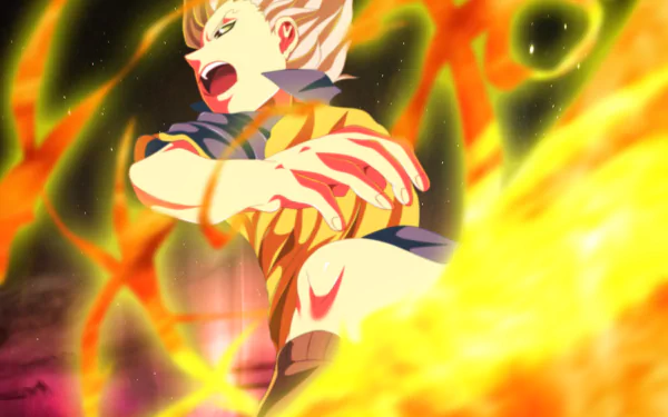 HD PC desktop wallpaper/background of Gouenji Shuuya from Inazuma Eleven — anime action shot of him shouting as flames and glowing energy swirl around him.