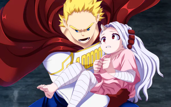 HD desktop wallpaper featuring Mirio Togata heroically holding Eri from the anime My Hero Academia.