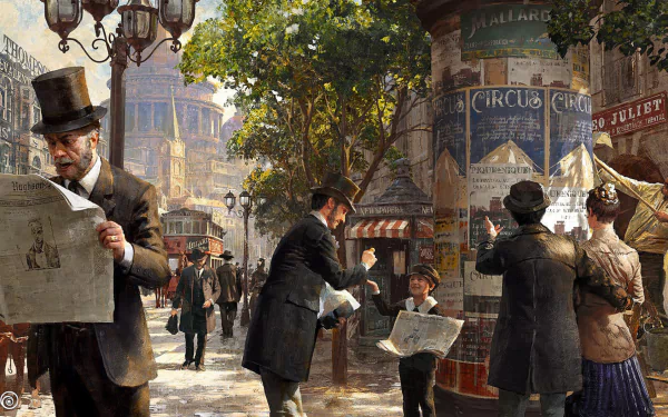 A bustling city street scene from the video game Anno 1800, featuring people walking amidst newspapers, set as an HD desktop wallpaper.