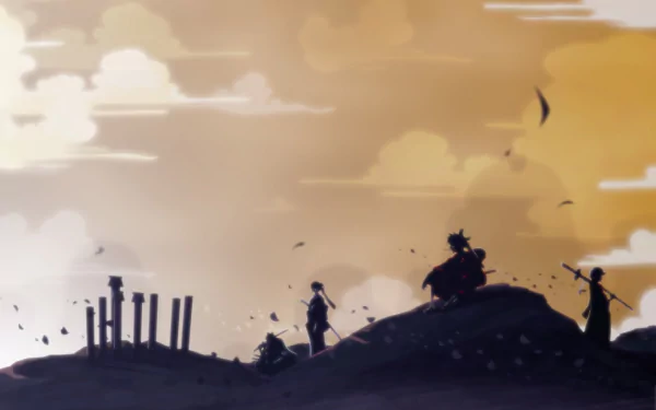 Silhouetted One Piece HD PC desktop wallpaper: Monkey D. Luffy, Roronoa Zoro, Trafalgar Law and Kiku atop a hill at sunset in anime style.
