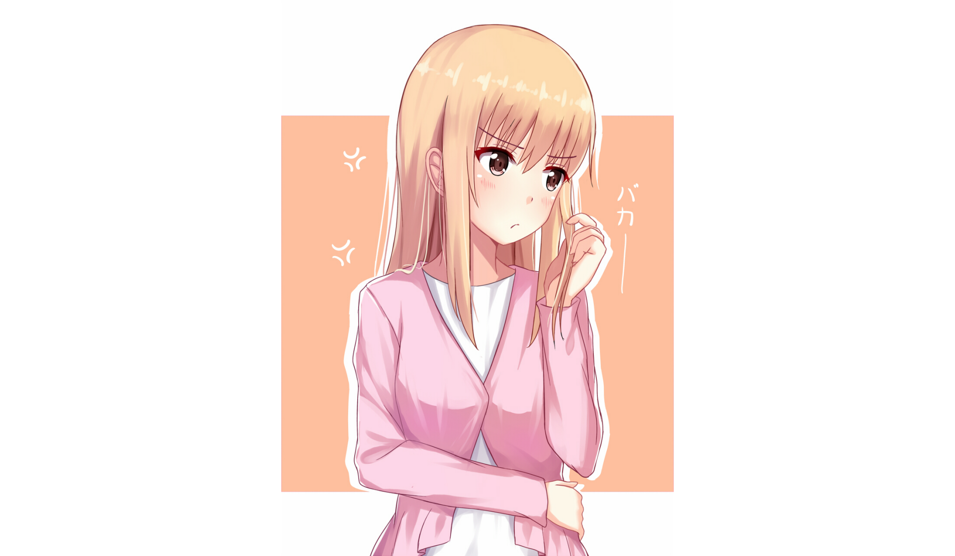 HD anime desktop wallpaper of Umaru Doma from Himouto! Umaru-chan, featuring her in a thoughtful pose with soft pastel colors and a peach background.