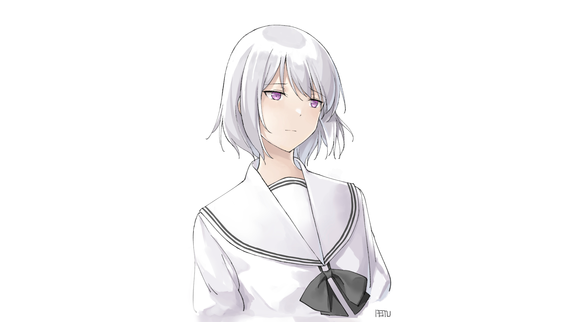 HD anime-style original artwork of a white-haired girl in a sailor school uniform, designed as a PC desktop wallpaper.