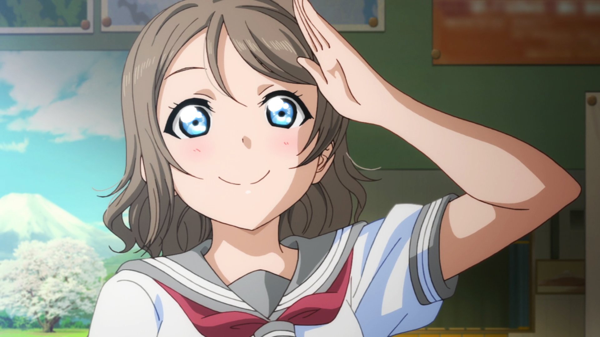 HD PC desktop wallpaper featuring You Watanabe from the anime Love Live! Sunshine!! smiling and saluting in a classroom setting.