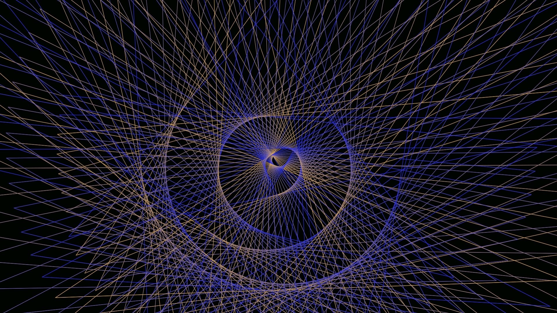 Abstract HD PC desktop wallpaper featuring a yellow and blue guilloche fractal pattern with intricate swirling lines.