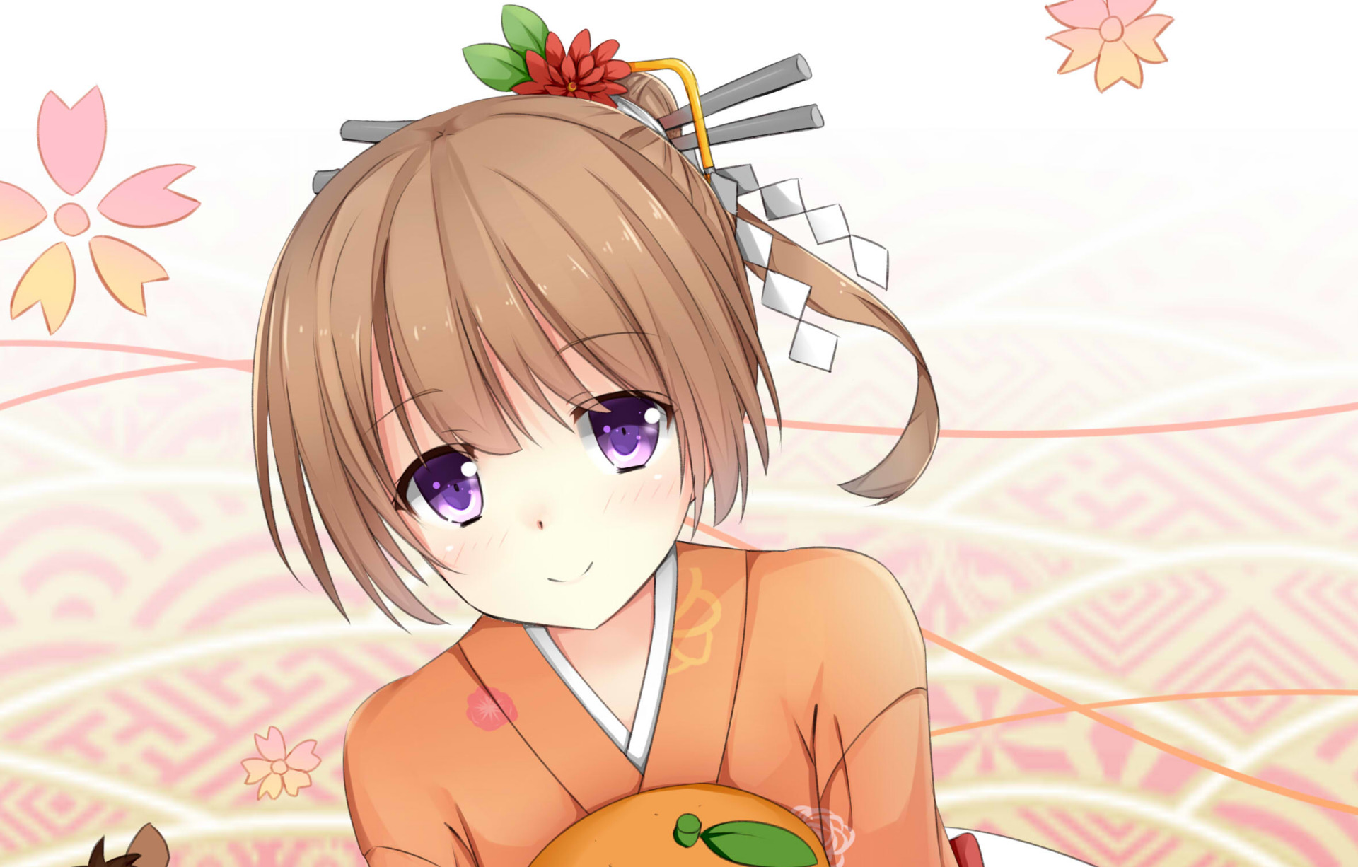 HD anime-style original desktop wallpaper featuring a girl with purple eyes and short brown hair, wearing an orange kimono with floral hair accessories.