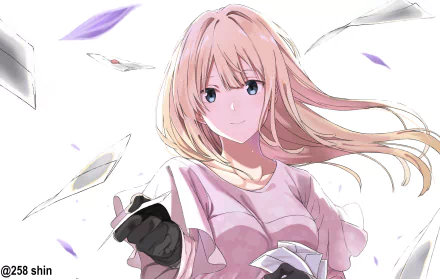 Anime character Violet Evergarden with blonde hair and blue eyes smiles softly, holding a letter. Letters float around her in the background, creating a delicate and dynamic scene. HD wallpaper.