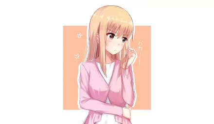 HD anime desktop wallpaper of Umaru Doma from Himouto! Umaru-chan, featuring her in a thoughtful pose with soft pastel colors and a peach background.