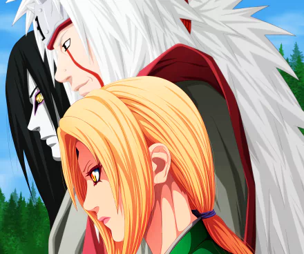 4K Ultra HD Naruto wallpaper featuring Orochimaru, Tsunade, and Jiraiya in a vivid anime style with a natural forest backdrop.