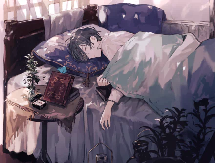 An anime character with white eyes rests in bed, surrounded by a book, a small plant, and personal items, creating a serene and cozy HD desktop wallpaper background.
