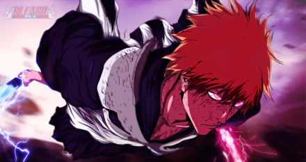 HD PC desktop wallpaper featuring Ichigo Kurosaki from the anime Bleach, showcasing him with intense expression and glowing energy effects.