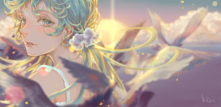 A vibrant 4K Ultra HD anime-style wallpaper featuring Hatsune Miku bathed in warm sunshine, soft pastel colors, and ethereal floral and winged elements.