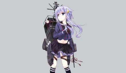 Yayoi (Kancolle) from Kantai Collection — anime HD PC desktop wallpaper of a purple-haired ship girl in a school uniform, armed with naval rigging and guns on a neutral background.