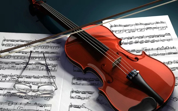 HD PC desktop wallpaper: glossy violin and bow resting on sheet music with reading glasses — music, violin background.