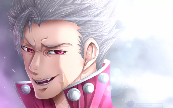 HD anime desktop wallpaper featuring Ban from The Seven Deadly Sins with a confident smirk and striking red eyes against a soft, light background.
