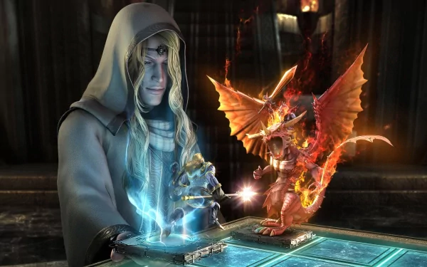 A mystical wizard engages in a fantasy chess duel, conjuring magical pieces on a glowing board. This HD desktop wallpaper immerses you in a captivating, magical world.