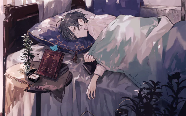 An anime character with white eyes rests in bed, surrounded by a book, a small plant, and personal items, creating a serene and cozy HD desktop wallpaper background.