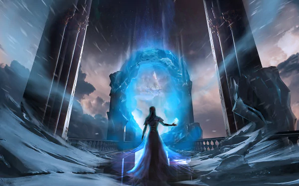 HD fantasy PC desktop wallpaper showing a glowing blue portal framed by towering stone pillars with a robed figure standing before it under a stormy sky.