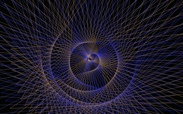 Abstract HD PC desktop wallpaper featuring a yellow and blue guilloche fractal pattern with intricate swirling lines.